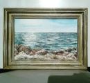 картина акварель А4 морской пейзаж, рама деревянная, декорирована золотой и белой краской под старину