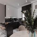 Кухня-гостиная ~ 30м2

Распланировала 3 зоны:
кухня, столовая и гостиная.

Кухня вместила всё необходимое: холодильник, посудомоечную машину, микволновую печь, духовой шкаф, варочную панель, вытяжку, достаточно мест хранения в выкатном ящике, предусмотрен ящик для столовых приборов.

Кухонный гарнитур оканчивается полуостровом с полубарными стульями - за ним можно быстро позавтракать.

На вечер, когда встречается вся семья, предусмотрен стол для неспешного ужина. 

Ну и наконец, зона гостиной с уютным диван