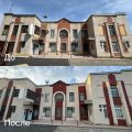 Покраска фасада безвоздушным аппаратом. При покраске использовали автовышку.  